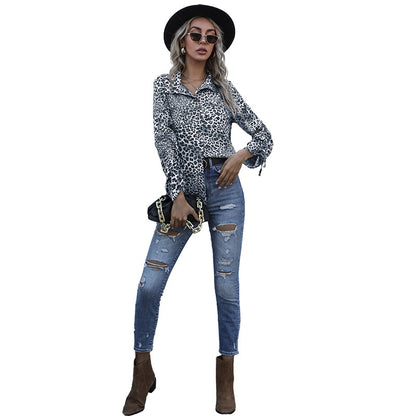 Loose Leopard Print Button-Down Shirt with Tie Cuffs