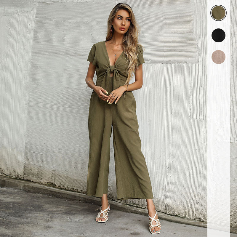 Wide-Leg Cropped Jumpsuit with Tie-Front and V-Neck