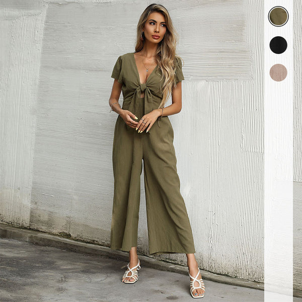 Wide-Leg Cropped Jumpsuit with Tie-Front and V-Neck
