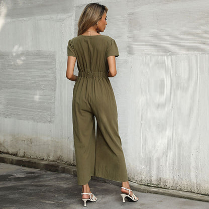 Wide-Leg Cropped Jumpsuit with Tie-Front and V-Neck