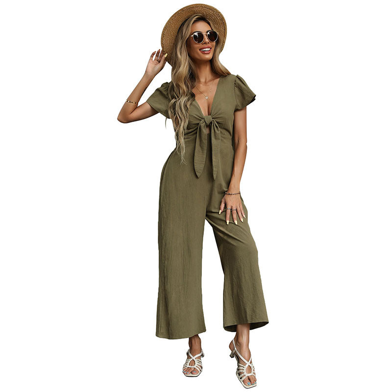 Wide-Leg Cropped Jumpsuit with Tie-Front and V-Neck