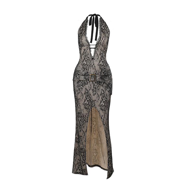 Retro Lace Neck Split Dress Holiday