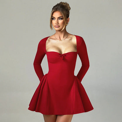 Elegant Slim-Fit Long Sleeve Dress With Puffy Skirt Black