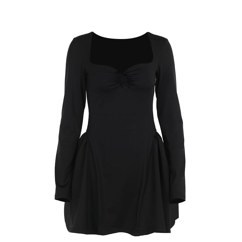 Elegant Slim-Fit Long Sleeve Dress With Puffy Skirt Black