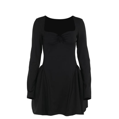 Elegant Slim-Fit Long Sleeve Dress With Puffy Skirt Black