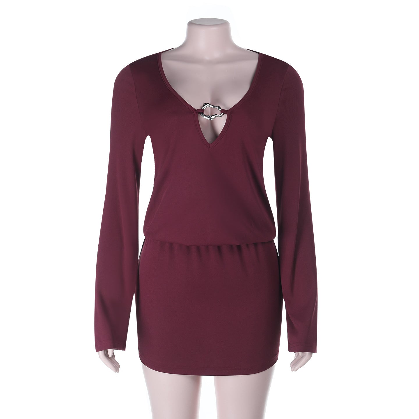 Long-Sleeve Knit Mini Dress with Deep V-Neck and Ring Detail