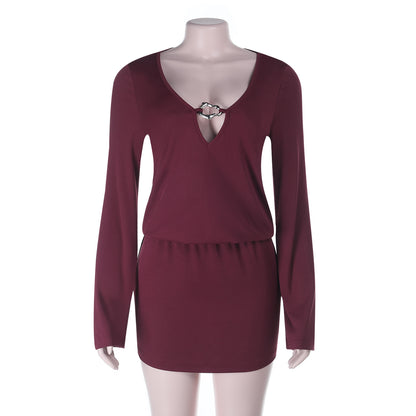 Long-Sleeve Knit Mini Dress with Deep V-Neck and Ring Detail