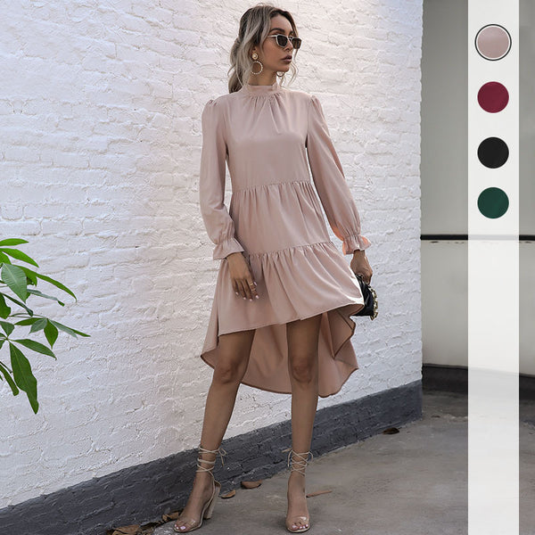 Tiered High-Low Dress with Mock Neck and Long Sleeves