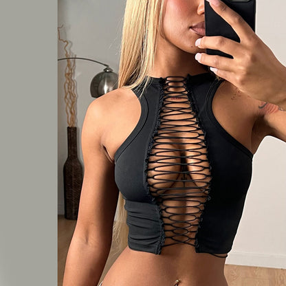 Slim-Fit Sleeveless Crop Top with Front Lace-Up Detail