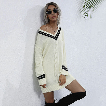 Cable Knit Mini Sweater Dress with Striped V-Neck