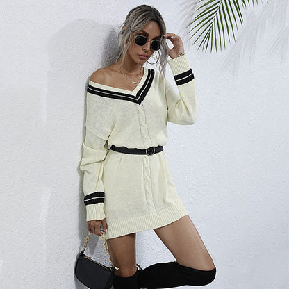 Cable Knit Mini Sweater Dress with Striped V-Neck