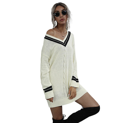 Cable Knit Mini Sweater Dress with Striped V-Neck