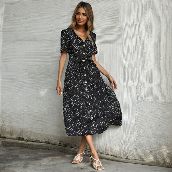Polka Dot A-Line Midi Dress with Button-Down Front