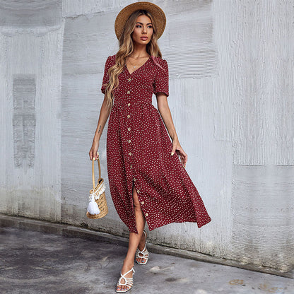 Polka Dot A-Line Midi Dress with Button-Down Front