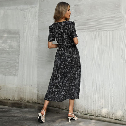 Polka Dot A-Line Midi Dress with Button-Down Front