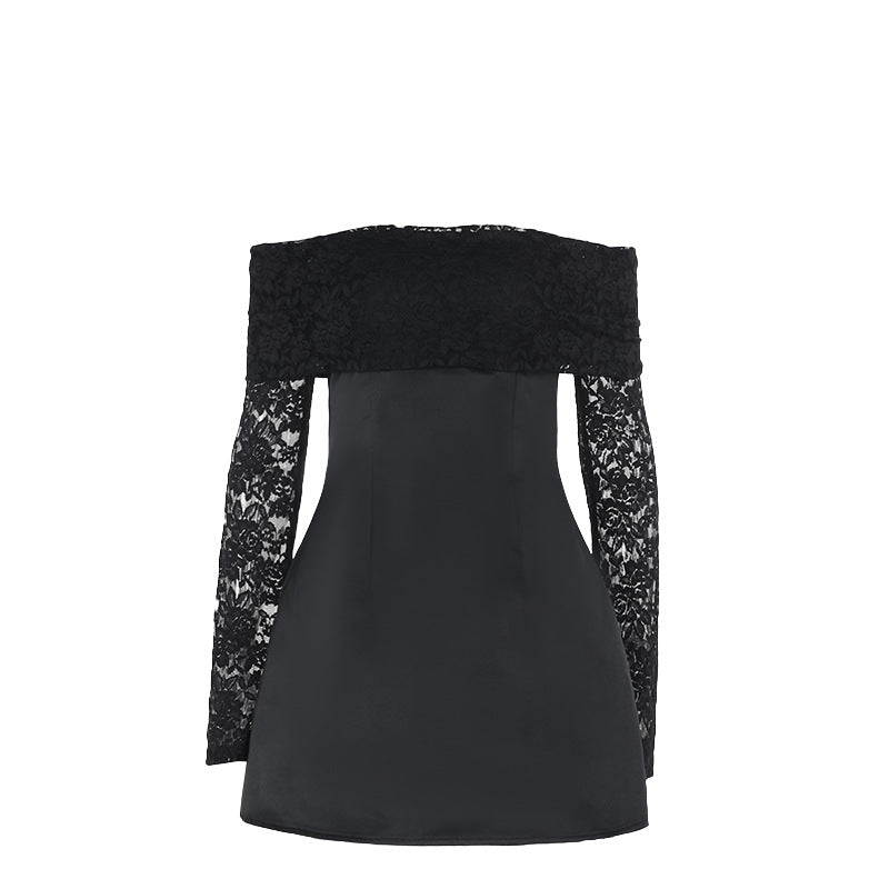 Elegant Slim Fit Lace Shoulder Dress Black