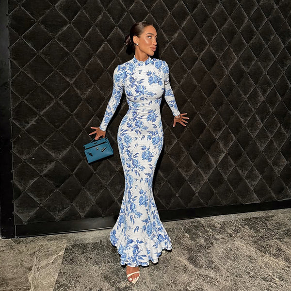 Floral Print Fishtail Maxi Dress with Mock Neck and Long Sleeves