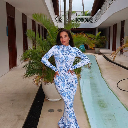 Floral Print Fishtail Maxi Dress with Mock Neck and Long Sleeves
