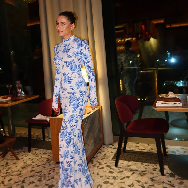 Floral Print Fishtail Maxi Dress with Mock Neck and Long Sleeves