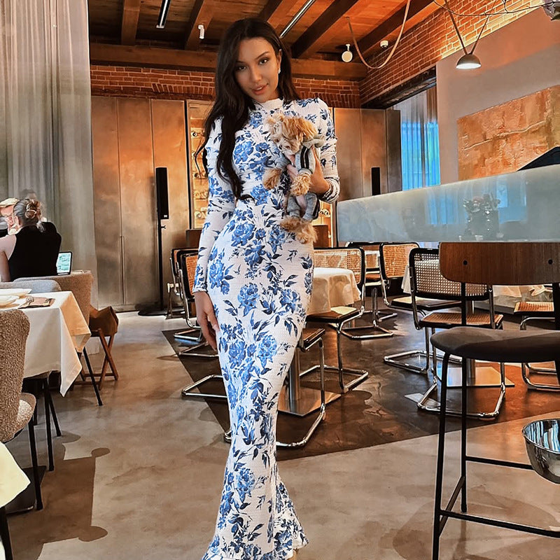 Floral Print Fishtail Maxi Dress with Mock Neck and Long Sleeves