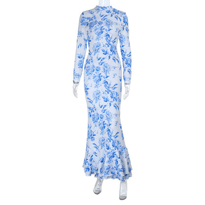 Floral Print Fishtail Maxi Dress with Mock Neck and Long Sleeves