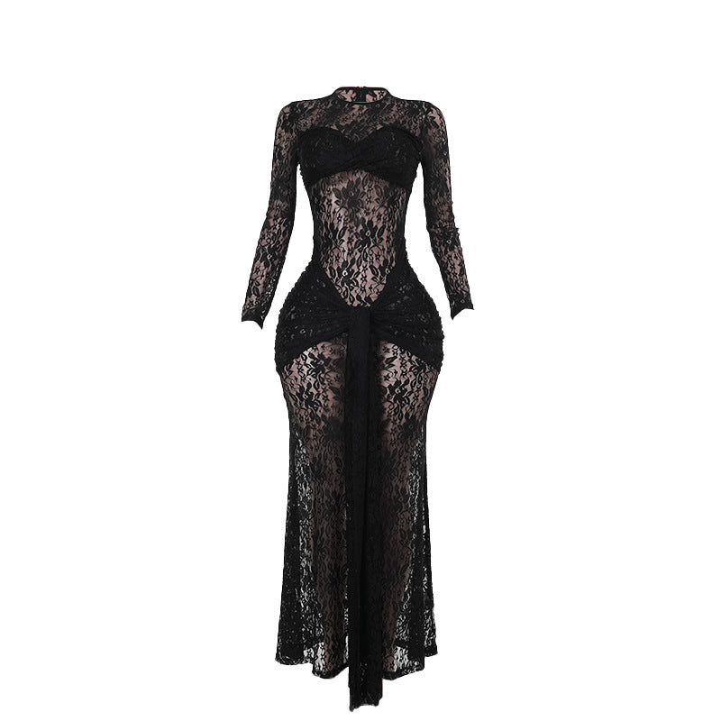 Floral Lace Bodycon Maxi Dress with Draped Front Detail