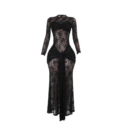 Floral Lace Bodycon Maxi Dress with Draped Front Detail