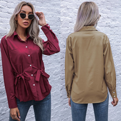 Solid Long-Sleeve Shirt with Waist-Cinching Ties
