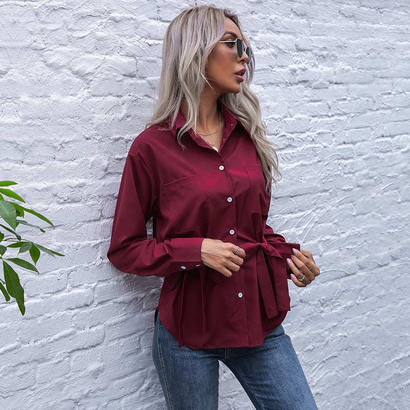 Solid Long-Sleeve Shirt with Waist-Cinching Ties