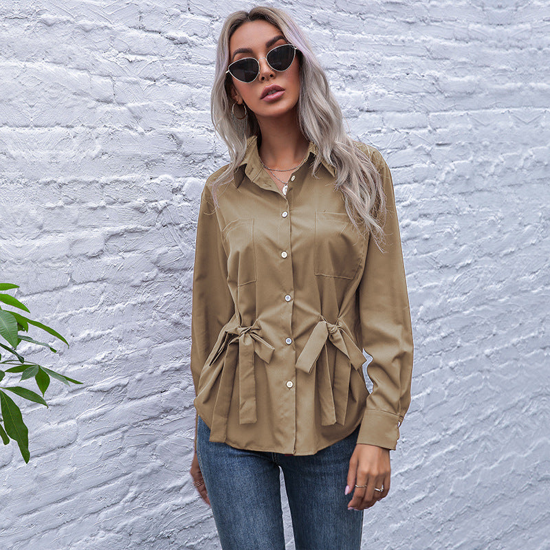 Solid Long-Sleeve Shirt with Waist-Cinching Ties