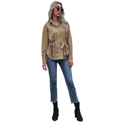 Solid Long-Sleeve Shirt with Waist-Cinching Ties