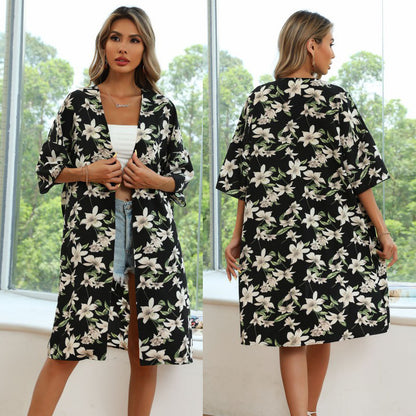 Floral Print Longline Cardigan with V-Neck and Half Sleeves