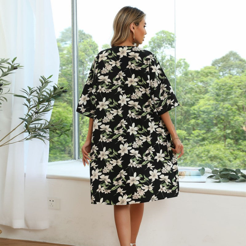 Floral Print Longline Cardigan with V-Neck and Half Sleeves