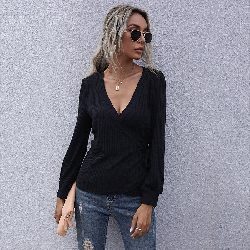 Ribbed Knit Wrap Top with V-Neck and Tie Waist