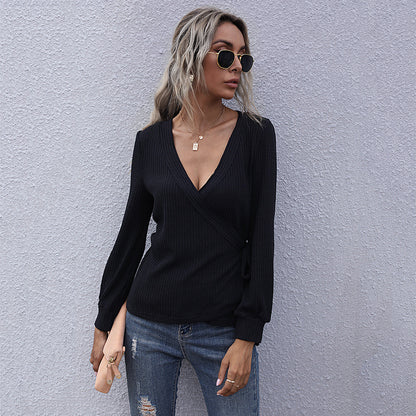 Ribbed Knit Wrap Top with V-Neck and Tie Waist