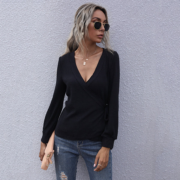 Ribbed Knit Wrap Top with V-Neck and Tie Waist
