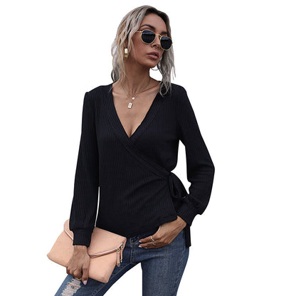 Ribbed Knit Wrap Top with V-Neck and Tie Waist