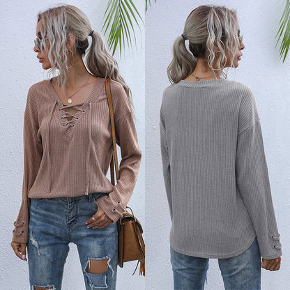 Loose Ribbed Knit Top with Lace-Up V-Neck and Tie Cuffs