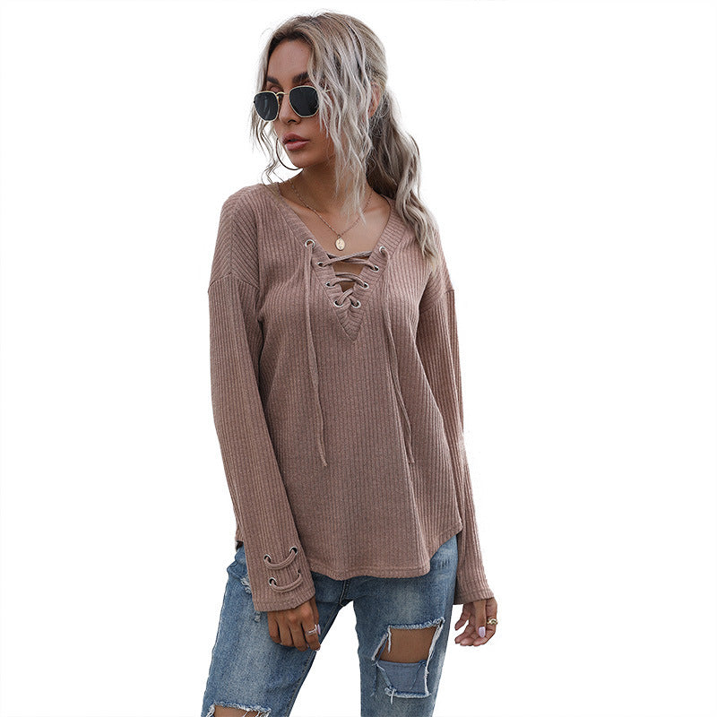 Loose Ribbed Knit Top with Lace-Up V-Neck and Tie Cuffs