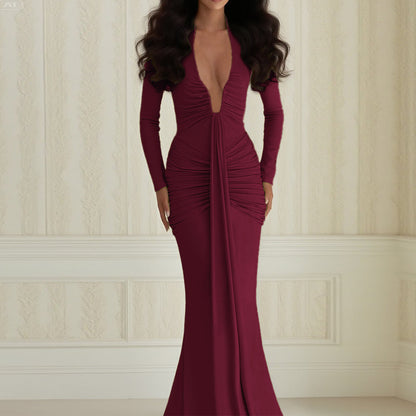 Bodycon Maxi Dress with Plunging U-Neck and Ruched Detail