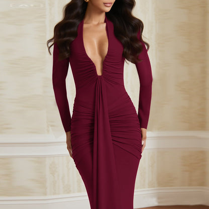Bodycon Maxi Dress with Plunging U-Neck and Ruched Detail
