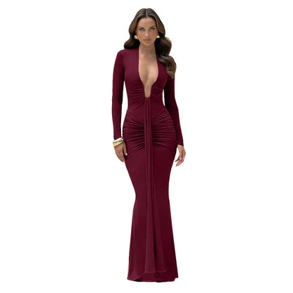 Bodycon Maxi Dress with Plunging U-Neck and Ruched Detail