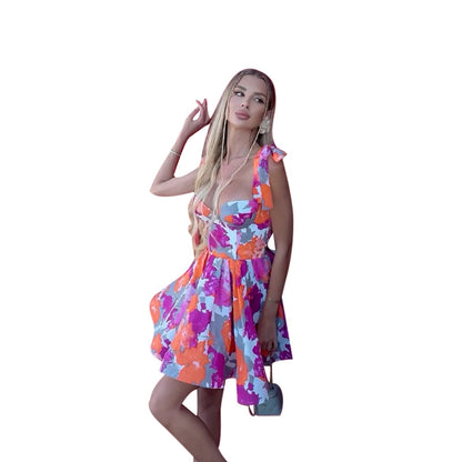 Abstract Print A-Line Mini Dress with Tie-Shoulder Straps