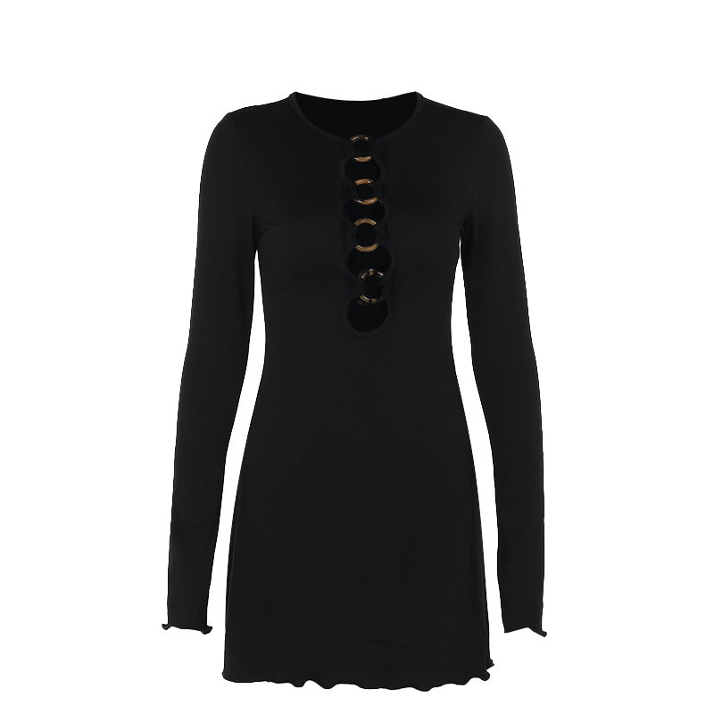 Knitted Cut Out Long-Sleeved Hip Dress Black