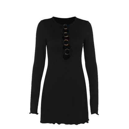 Knitted Cut Out Long-Sleeved Hip Dress Black