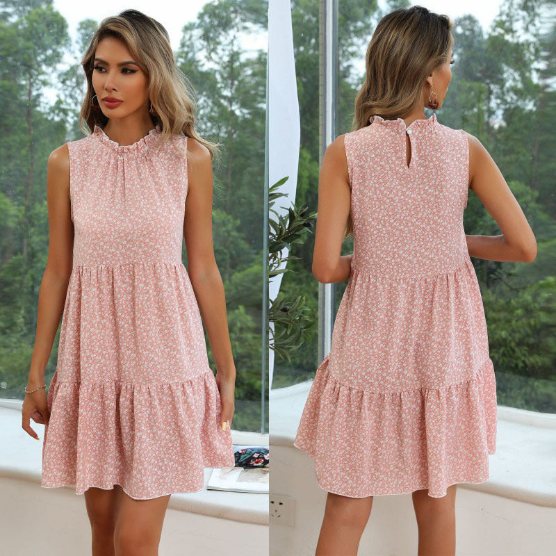 Floral A-Line Mini Dress with Ruffled High Neck and Tiered Skirt
