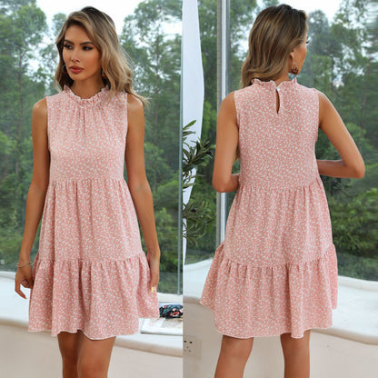 Floral A-Line Mini Dress with Ruffled High Neck and Tiered Skirt