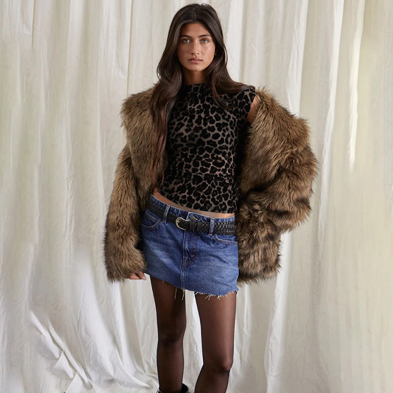 Leopard Print Flocked Mesh Top with Cap Sleeves
