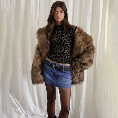 Leopard Print Flocked Mesh Top with Cap Sleeves