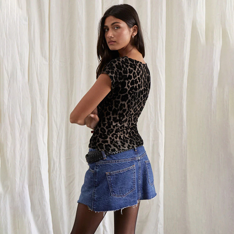 Leopard Print Flocked Mesh Top with Cap Sleeves